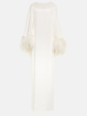 Svilena dolga obleka s perjem Monique Lhuillier bela