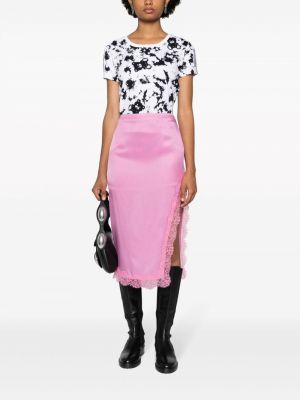 Jedwabna spódnica jeansowa w kwiatki koronkowa Moschino Jeans różowa