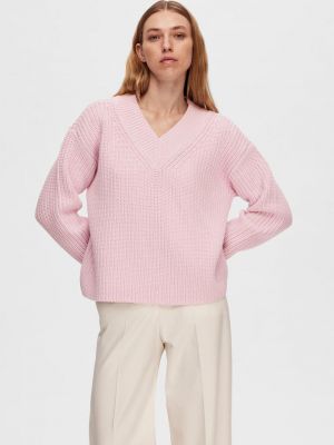 Хлопковый свитер с v-образным вырезом Selected Femme фиолетовый