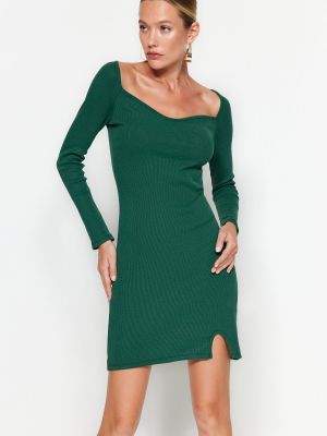 Sukienka mini dopasowana sztruksowa z długim rękawem Trendyol zielona