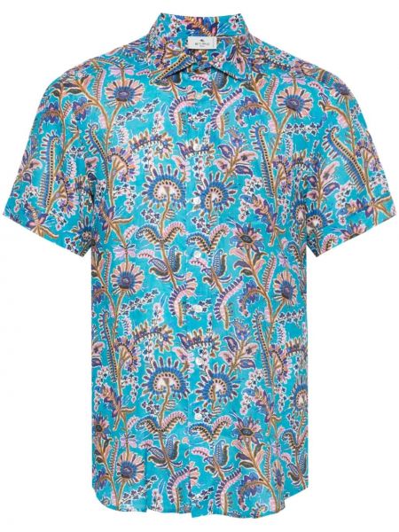 Lanena košulja s cvjetnim printom s printom Etro plava
