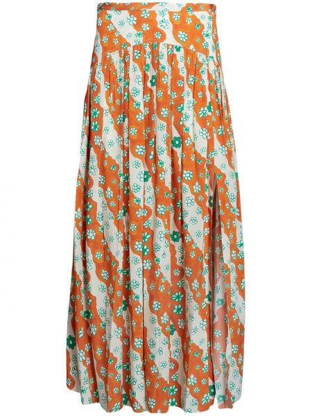 Svilena midi suknja s cvjetnim printom s printom Marni narančasta