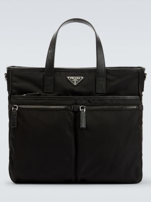 Νάιλον δερμάτινη τσάντα shopper Prada μαύρο