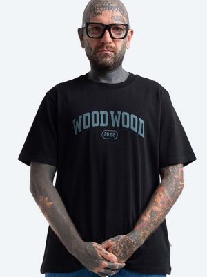 Памучна тениска с дълъг ръкав с принт Wood Wood черно