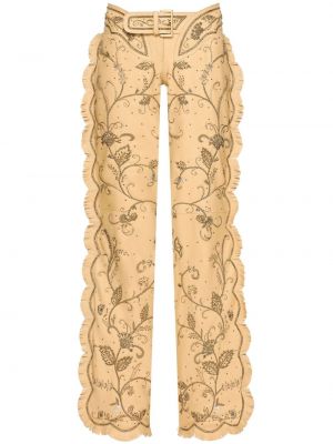 Kožené rovné kalhoty s výšivkou Dolce & Gabbana béžové