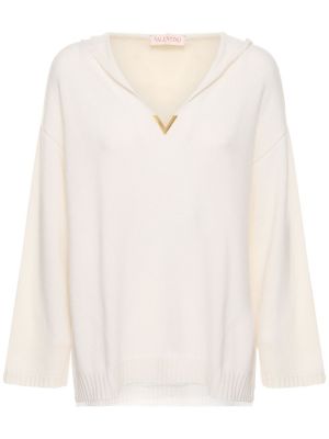 Sweter z kaszmiru z kapturem z dekoltem w serek Valentino biały