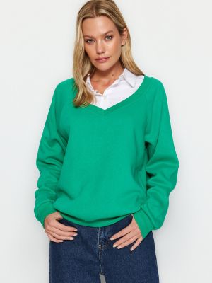 Hanorac tricotate cu decolteu în v oversize Trendyol verde