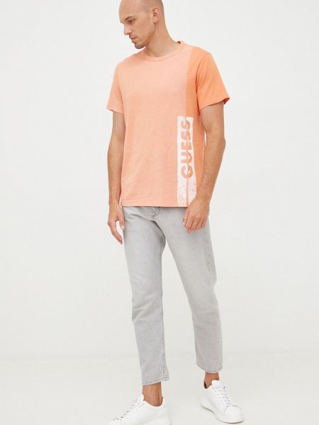 Памучна тениска с дълъг ръкав с принт Guess оранжево