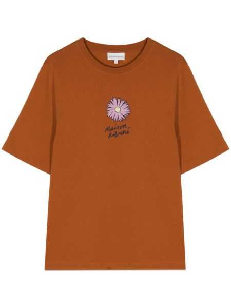 Pamučna majica s cvjetnim printom Maison Kitsuné smeđa