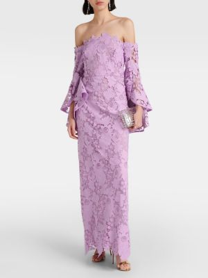 Sukienka długa w kwiatki koronkowa Oscar De La Renta fioletowa