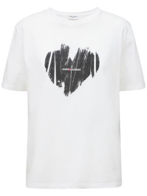 T-shirt di cotone con stampa in jersey Saint Laurent bianco