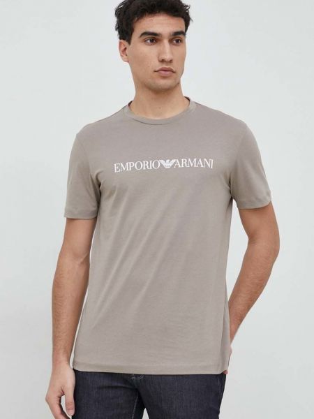 Beżowa koszulka bawełniana z nadrukiem Emporio Armani