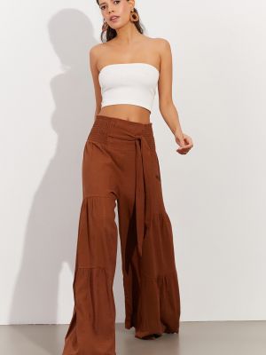 Lniane spodnie z wysoką talią Cool & Sexy brązowe