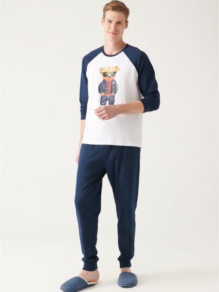 Pamučna pidžama s printom sa dugačkim rukavima Avva plava