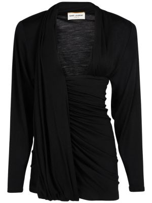 Asymetrické vlněné dlouhé šaty s dlouhými rukávy Saint Laurent černé