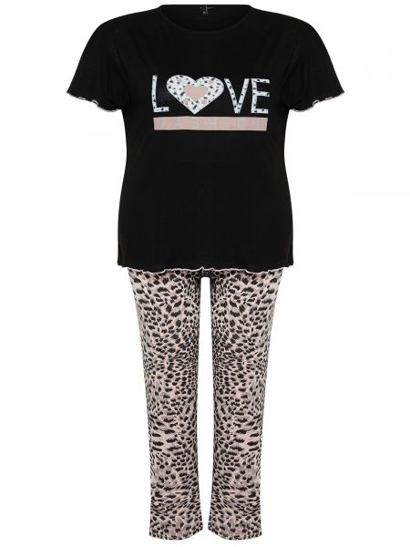 Pijamale tricotate cu model leopard Trendyol negru