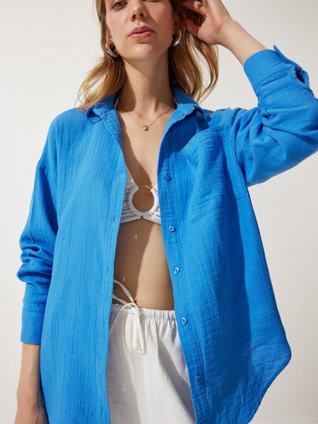 Mušelínová oversized košeľa s vreckami Happiness İstanbul modrá