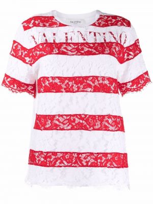 Camiseta a rayas de encaje Valentino blanco