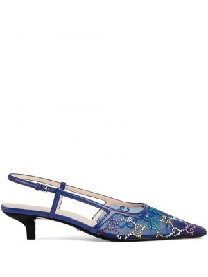 Мрежести полуотворени обувки с кристали Gucci синьо