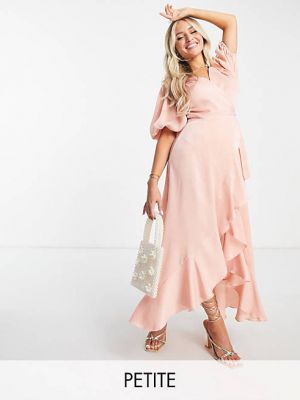 Атласное платье на запах с пышными рукавами Flounce London розовое