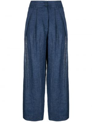 Lněné kalhoty relaxed fit Emporio Armani modré