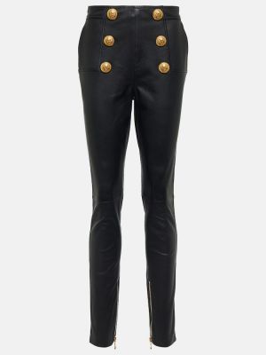Kožené rovné nohavice s vysokým pásom Balmain čierna