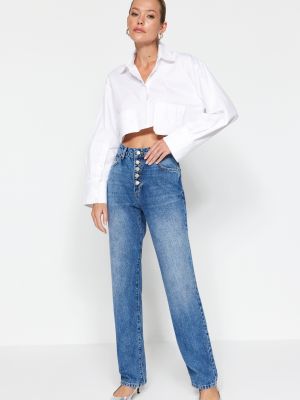 Straight fit džíny s vysokým pasem s knoflíky Trendyol modré