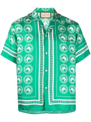 Jedwabna koszula z nadrukiem Gucci zielona