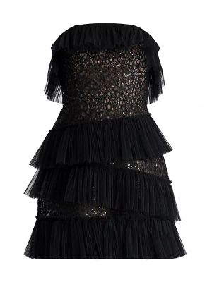 Кружевное платье мини с рюшами Bcbgmaxazria черное
