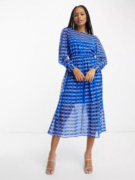 Клетчатое приталенное платье миди с рюшами French Connection синее