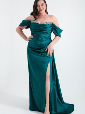 Сатенена вечерна рокля с лодка декольте Lafaba зелено