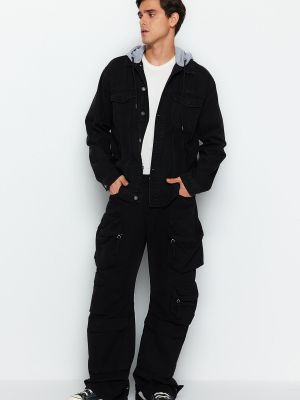 Pletená priliehavá džínsová bunda s kapucňou Trendyol čierna