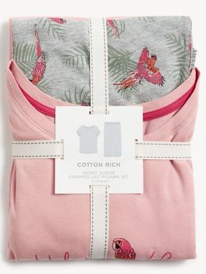 Womens M&S Collection Cotton Rich Parrot Print Cropped Pyjama Set - Grey Mix, Grey Mix M&s Collection