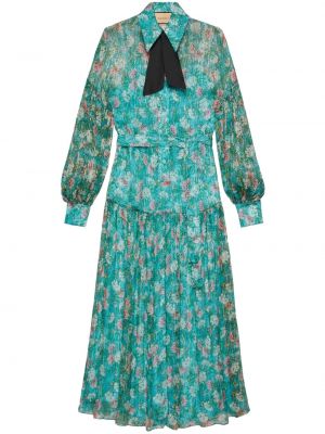Květinové hedvábné dlouhé šaty s potiskem Gucci modré