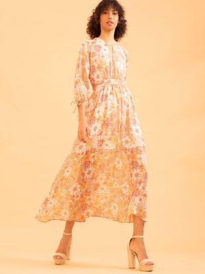 Макси рокля на цветя с принт с дълъг ръкав Defacto оранжево