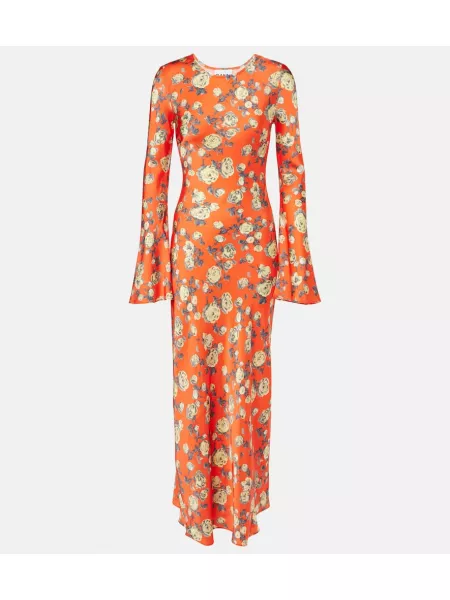 Blomstret maxi kjole i satin Ganni orange