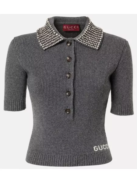 Poloshirt i uld med rhinsten Gucci grå